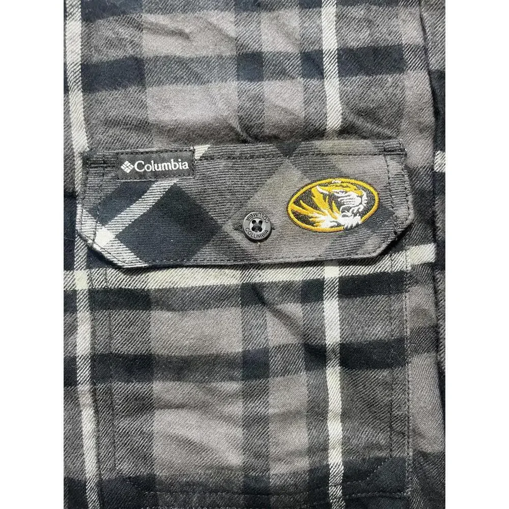Columbia Flannel Shirt Mens XXL Grey Black Mizzou Tigers Flare Gun Plaid LS New
